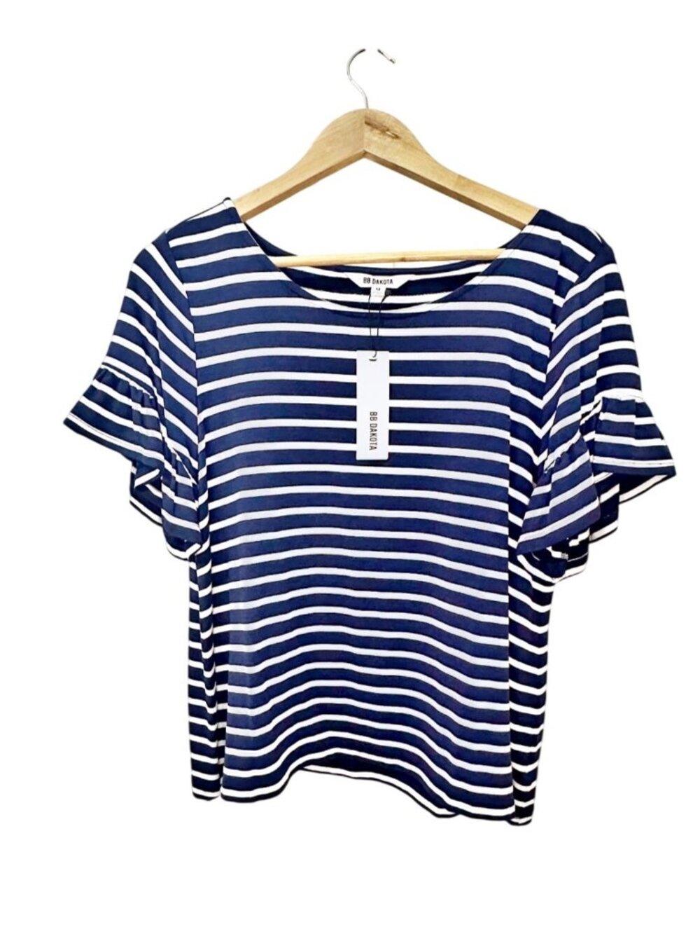 BB Dakota Navy & White Striped Ruffle Sleeve Top Medium NWT